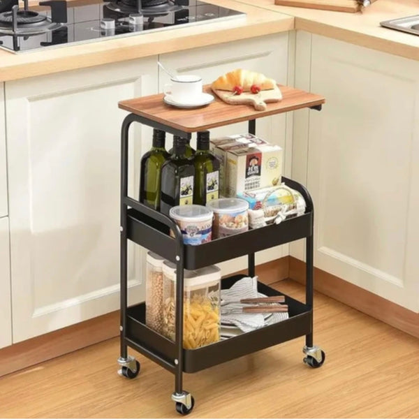 عربة تخزين متعددة الاستخدامات بطبقتين ورف خشبي